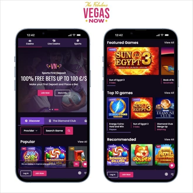 vegasnow screesnots on mobile on a white background